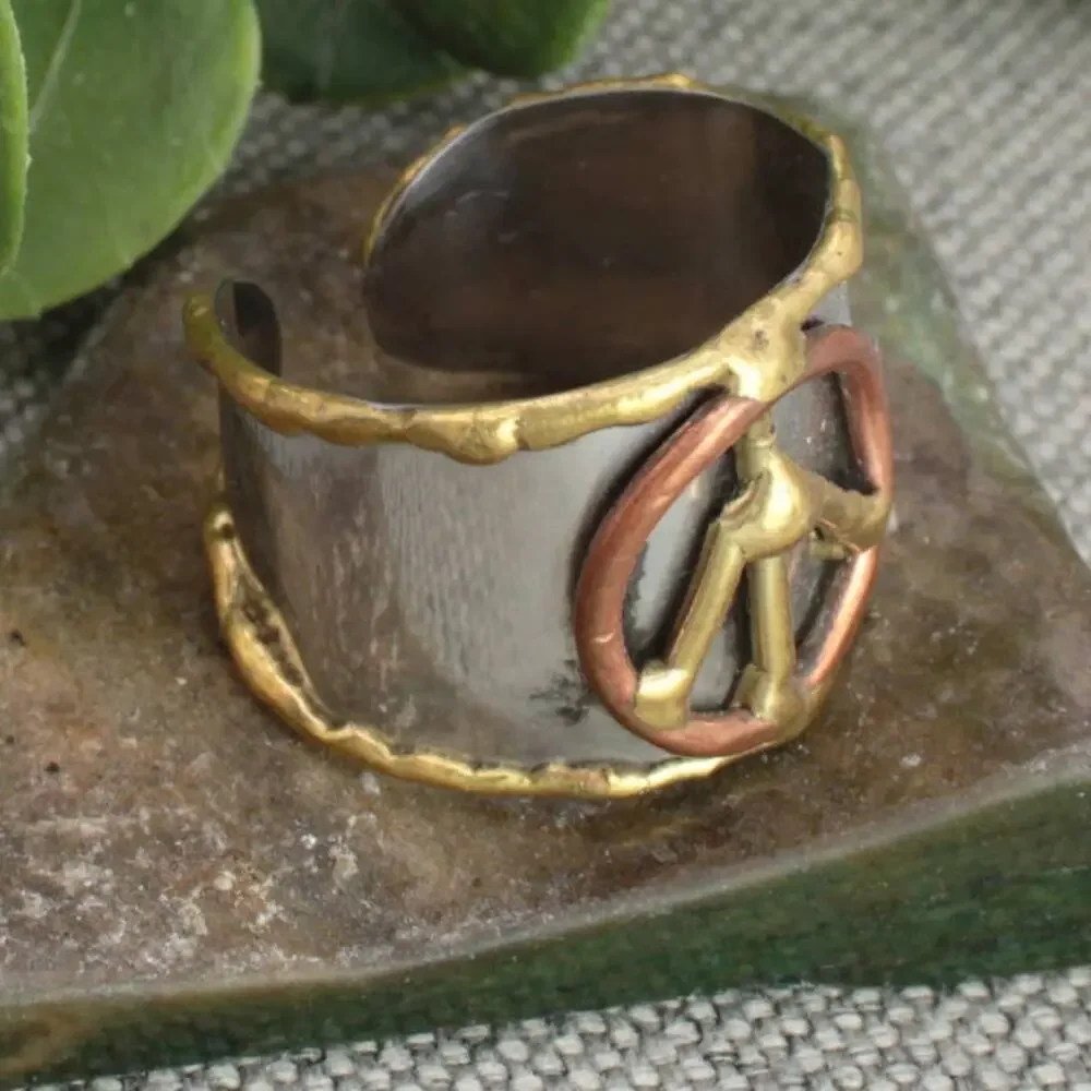 Mixed Metal Peace Sign Ring | Hammered Silver Band with Gold & Copper Boho Ring